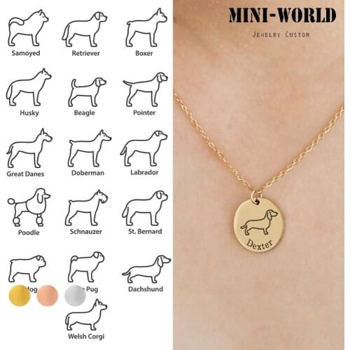 Mini-World Custom Engraved Dog Shape Name Necklace Stainless Steel Round Pendant Cute Pet Dog Accessory Jewelry Memorial Gift