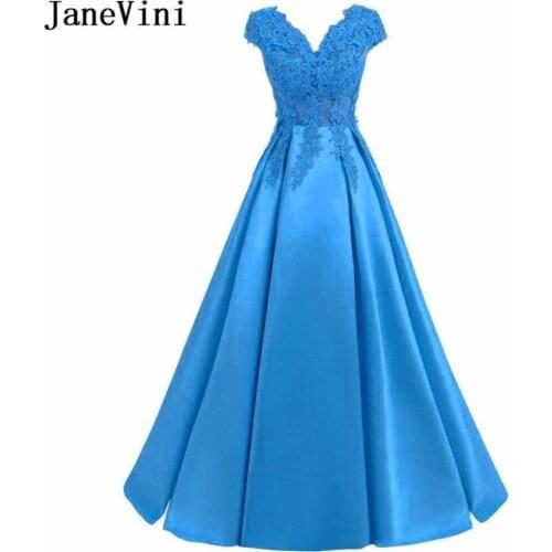 JaneVini Long Blue Bridesmaid Dresses for Women A-Line Lace Appliques Beaded Satin V Neck Backless Floor Length Prom Party Gowns