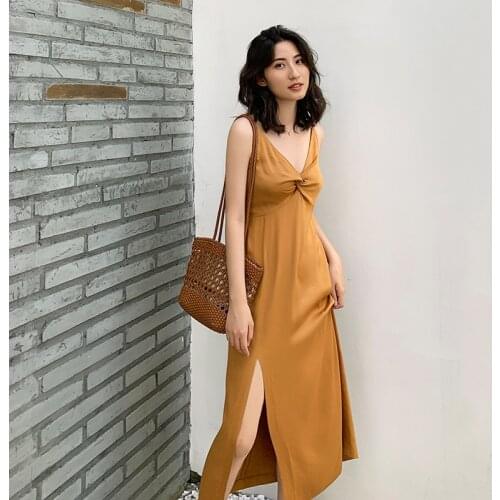 Ladies Summer Evening Party Dress Elegant Romantic Bodycon Slit Spaghetti Strap Golden Satin Dresses Vestidos Women Clubwear
