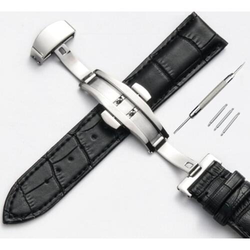 Watch Band Strap Butterfly Pattern Genuine Leather Deployant Buckle Bracelet Brown Black Watchbands 12-24mm