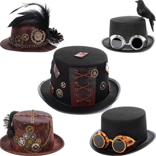 Retro Gothic Men Steampunk Period Crow Hat Cosplay Halloween Women Gear Feather Nonwoven Mini Hat Magician Cap Stage Performance