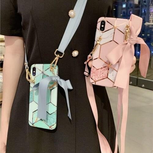 Luxury Marble Bow Lanyard Soft silicone phone case for Samsung Galaxy S8 S9 S10 10 20 Plus Note ultra A50 A40 A51 A71 5G cover