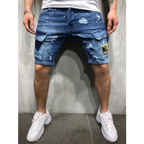 Mens Summer New Stretch Ripped Short Jeans Fashion Casual Slim Fit High Quality Elastic Badge Broken Hole Denim Shorts