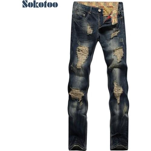 Special price Mens casual holes ripped jeans Male fashion patch straight denim pants Long trousers Free shipping