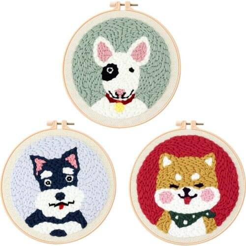 Dog Punch Needle Starter Kits, Beginner Punch Needle Kit with Adjustable Hoop, Yarn, Burlap with Pattern, English Manual