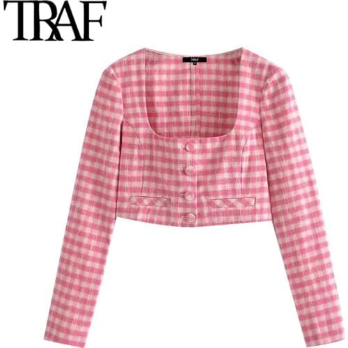 TRAF Women Fashion With Covered Buttons Check Cropped Blouses Vintage Long Sleeve Back Zipper Female Shirts Chic Tops