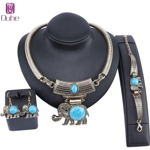 Antique Gold Color Elephant Gem Stone Pendant Vintage Statement Choker Collar Necklace Earring Bangle Jewelry Set