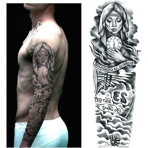 Waterproof Temporary Tattoo Sticker Full Arm Sister Clock Patron Saint of Sea Large Size Flash Tatoo Fake Tatto for Men Women