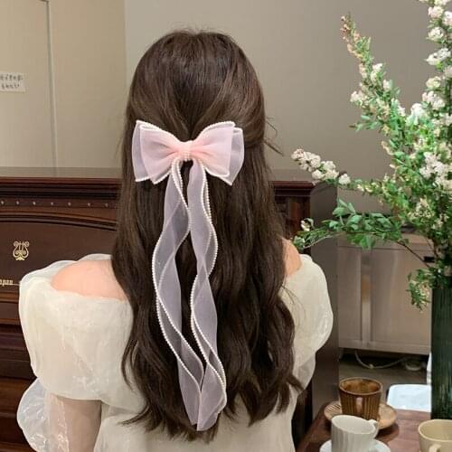Summer Women Girls Cute Sweet Ribbon Bow Pearl Ornament Hair Clips Children Lovely Barrettes Hairpins Kids Hair Accessories