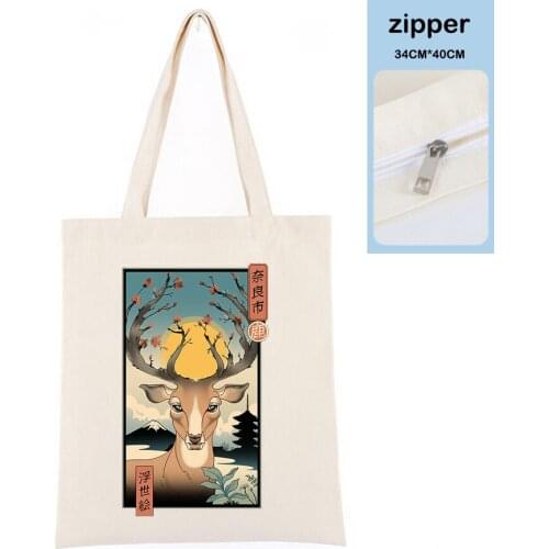 Women Shopping Bag With Zipper Japanese Spring In Nara Deer Vintage Black Canvas Bag Khaki Shoulder Handbag Teacher Gift Bolsos