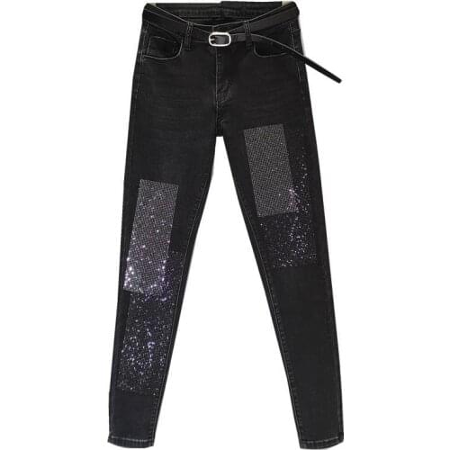 Black Diamond-studded Denim Trousers Women Streetwear 2021 Spring Autumn Plus size High waist Jeans Women Casual Pencil Pants