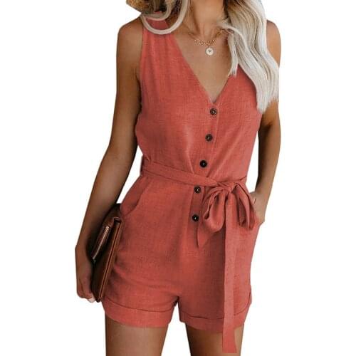 2021 Summer Women Playsuit V Neck Sleeveless Button Belt Bow Casual Jumpsuit Solid Street Romper Fashion Black White Overalls