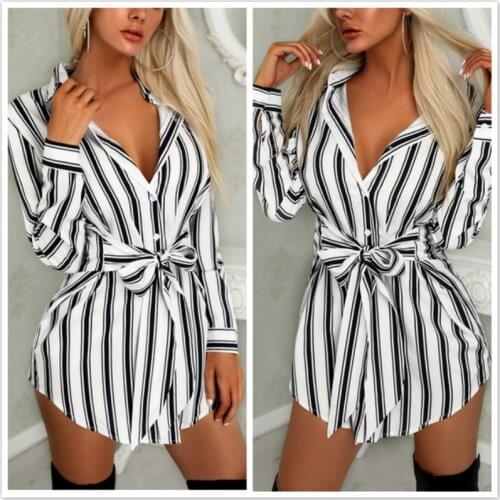 Women Fashion Long Sleeve Button Sexy Bandage Shirt Dress V-neck Stripe Print Summer Mini Dress Shirtdress