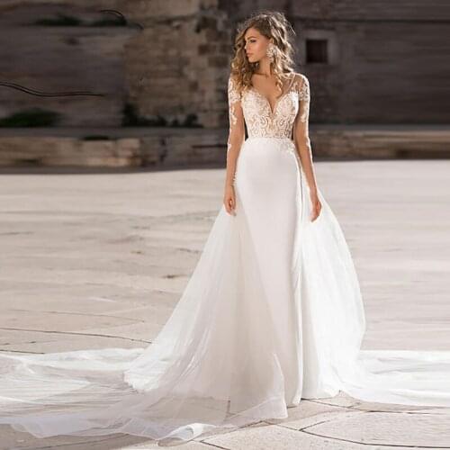 New Design Mermaid Slim Wedding Dress Vestidos De Novia Sheer Long Sleeve Scoop Neckline Elegant Tulle Appliques Bride Dresses