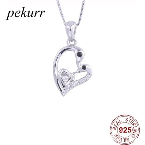 Pekurr 925 Sterling Silver Swan Couple Kiss Heart Necklace For Women Elegant Animal Pendants Collar Fashion Jewelry Gifts