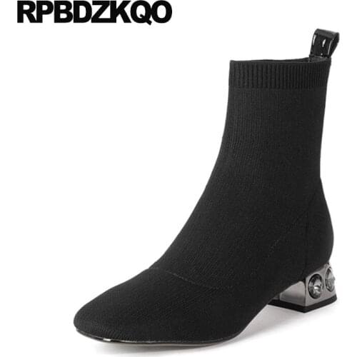 Winter Thick Black Chunky Short Knit Fashion Block Autumn Designer Shoes Women Luxury 2021 Slip On Ankle Boots Sock Square Toe