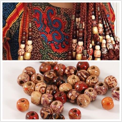 100 PCs/bag 11*12mm Aperture: 5mm Medium Size Hole Vintage Painted Wooden Beads African Hair Rings Dreadlock Accessories