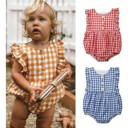 2021 Kids Newborn Baby Girl Plaid Bodysuit Sleeveless Summer Round Neck One Jumpsuit Costume Clothing Outfit 0-24M