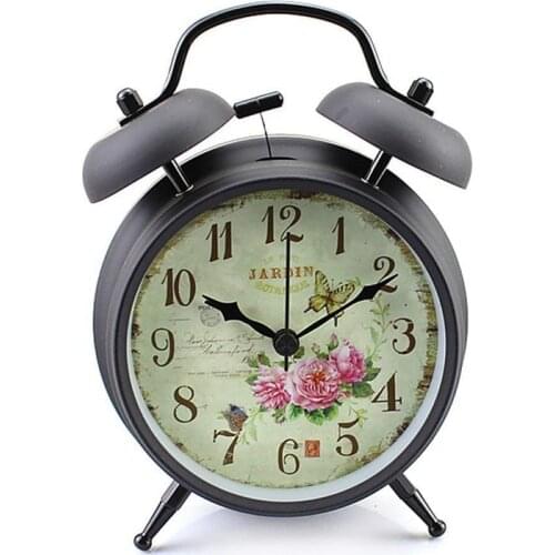 4 inch Retro Vintage Bedside Twin Bell Alarm Clock With Loud Alarm and Nightlight (Black Case - Roses)