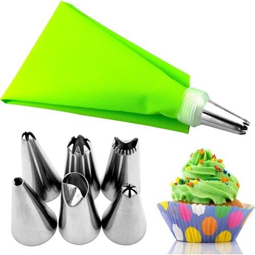 8PCS/bag Silicone Icing Piping Cream Pastry Bag + 6 Stainless Steel Cake Nozzle DIY Cake Decorating Tips Fondant Pastry Tools
