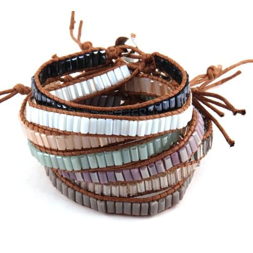 Free Shipping Beautiful Fashion Rectangle Glass Beads Wrap Bracelet Wraps Leather Bracelet For Women