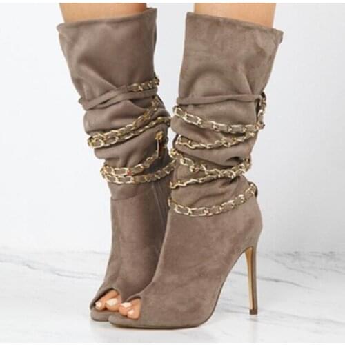 Free Shipping 2019 Spring New Brand Woman Solid Gray Black Chains Zipper Side Mid-calf Plus Size Peep Toe Thin Heels Short Boots