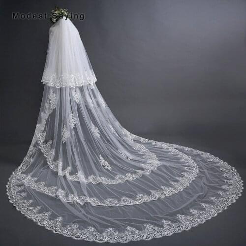 Elegant Ivory 3M 2 Layers Cathedral Lace Wedding Veils 2018 with Comb Royal Church Bridal Veil velos de novia largos encajes