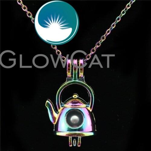 GLOWCAT C623 Rainbow Teapot Beads Cage Essential Oil Diffuser Aroma Pearl Cage Locket Necklace Women Gift