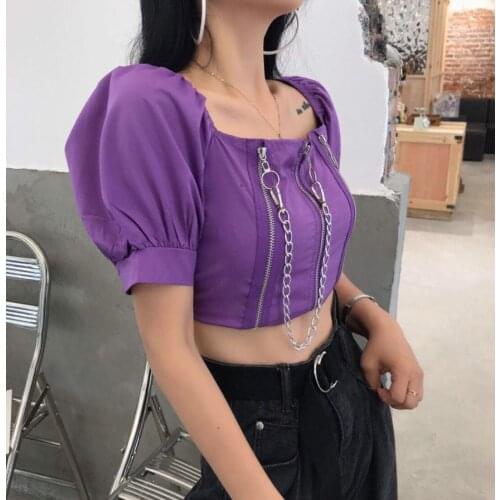 HELIAR Women Y2K Gothic T-shirt Womens Short Puff Sleeve Crop Top Summer Vintage Girls Metal Chains Dark Tees women sexy tops