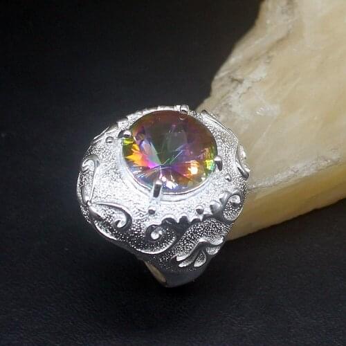 Hermosa Rainbow Mystical Fire Topaz Genuine 925 Silver Unique Band Ring Wedding Engagement Gifts for Women Size 9# 20214058