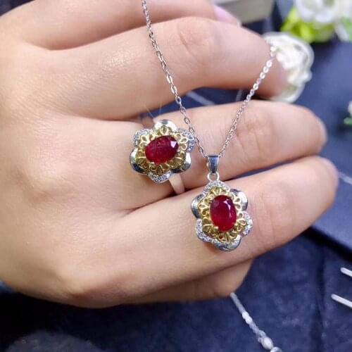 Pigeon blood red ruby ring and necklace jewelry set for women natural ruby real 925 silver party gift exquisite ornament