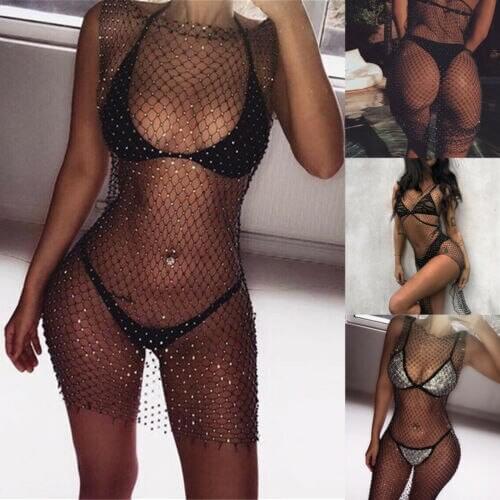 Summer Sexy Women Bikini Bling Crystal Cover Up Dress Hollow Out Swimsuit Swimwear Dresses Bikini Beachwear Swimming Costume