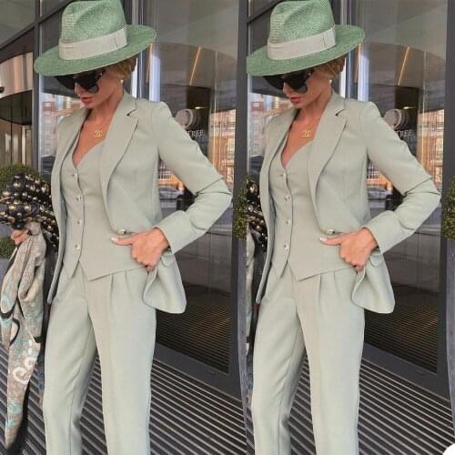 Hot Sale New Women Sets Autumn Long Sleeve Cardigan Blazer Pants Solid 3 Piece Set Lady Casual Suits