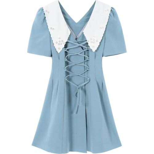 PERHAPS U Blue Pink Turn Down Collar Lace Up Short Sleeve Mini Dress Elegant Solid Summer Women Female D1828