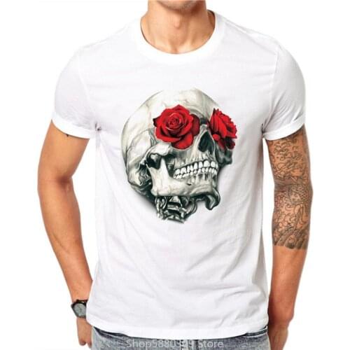 Harajuku Men T Shirts Fashion Red Rose Floral Skull Design Short Sleeve Casual Flower Skull Printed T-Shirt Tee Top