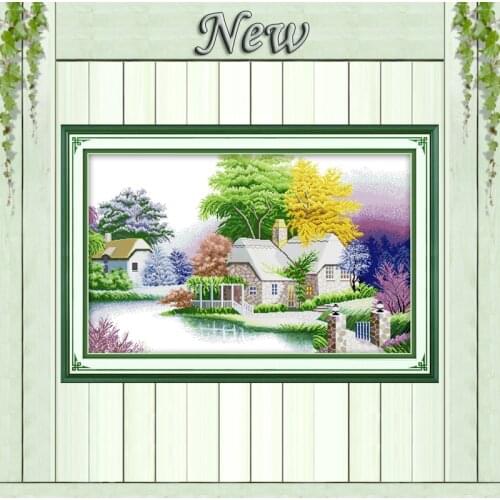 A peaceful cabin river house NKF Counted print on fabric Cross Stitch Needlework kits DMC 14CT 11CT DIY Embroidery Sets painting