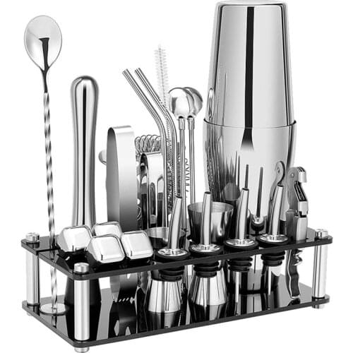 Cocktail Shaker Set, Boston Stainless Steel Bartender Kit With Acrylic Stand & Cocktail Recipes Booklet