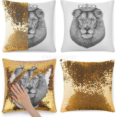 The King Sequin Pillowcase Glitter Throw Pillow for Party Cafe Home Sofa Cat Cats Lion Animal Animals Nature Wild Pride Cute Bea
