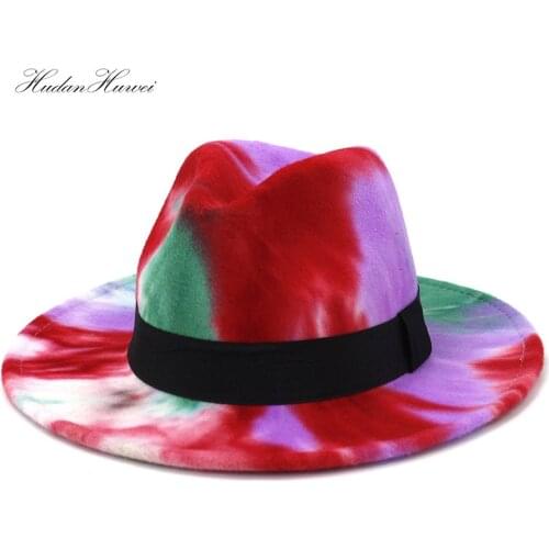 New Fashionable Fall Winter Men Women Tie-dye Black Square Belt British Classic Jazz Panama Woolen Felt Fedora Hat