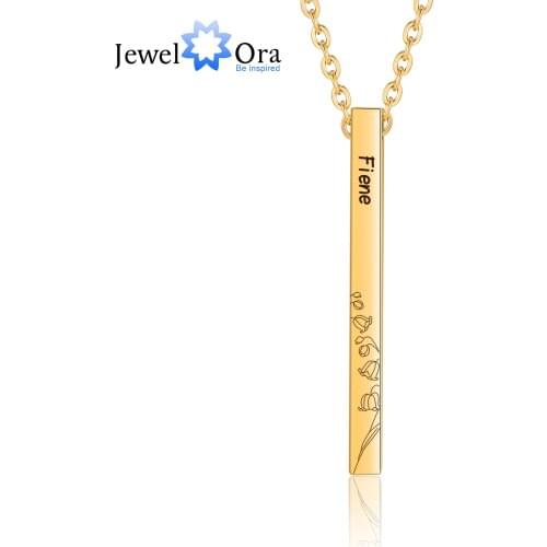 Personalized 4 Side Name Engraved Birth Month Flower Pendant Custom Steel Black Gold Color Stainless Steel Vertical Bar Necklace