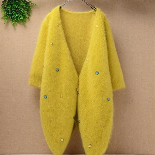 Ladies women 100% real mink cashmere sweater coat medium long angora rabbit fur half-sleeves beading cardigan sweater autumn