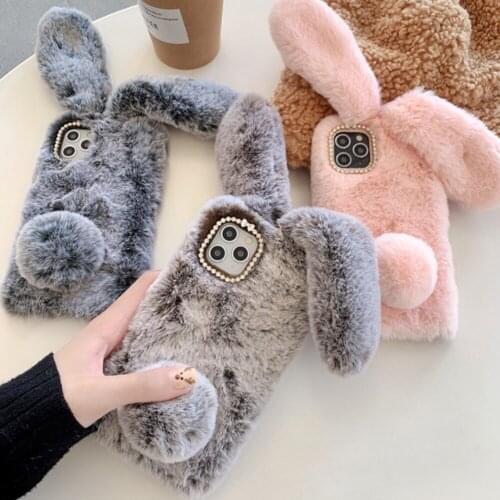 Plush Warm Rabbit Ears Furry Fur Plush Phone Case For iPhone 11 Pro Max X XS Max XR 6 6S 7 8 Plus SE2020 Phone Cases Back Cover