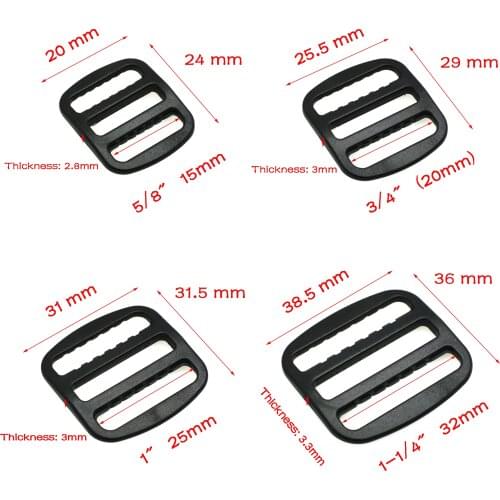 5pcs Plastic Dual Webbing Tri-Glide Adjustable Slider Buckle For Backpack Straps Belt Accessories Size 15mm 20mm 25mm 32mm