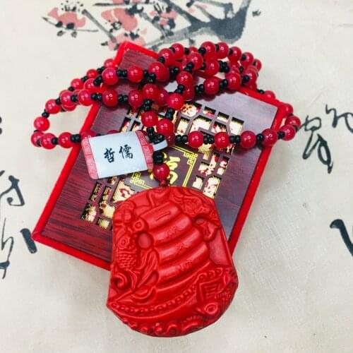 Zheru natural cinnabar carved red pirate ship pendant with red bead necklace beautiful men and women sweater chain