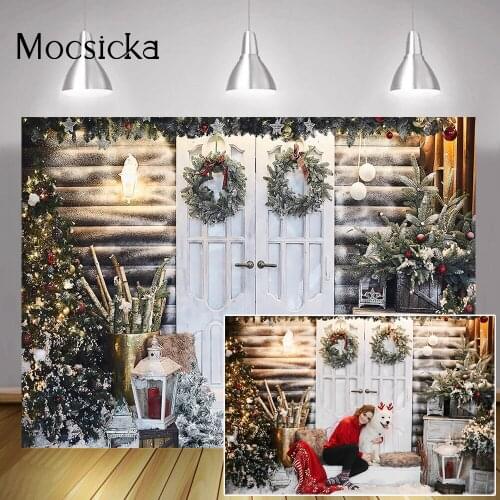 Christmas Party Backdrop Decorations Winter Snow Outdoor Portrait Background Photography Christmas Trees White Door Wreath Photo