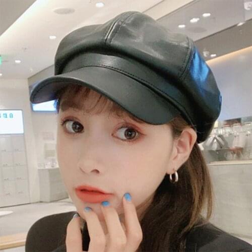 Ladies Spring Autumn Retro Beret Hat Women Fashion Octagonal Hats Casual Wild Cap Solid Color PU Newsboy Cap Painter Caps