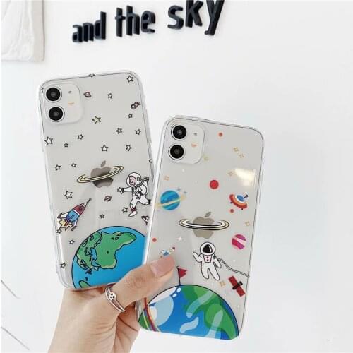 Cute Cartoon Astronaut Plante Space Phone Case For iPhone 11 Pro Max 12 X XS XR SE20 6 7 8Plus Clear Shockproof Soft Cover Coque