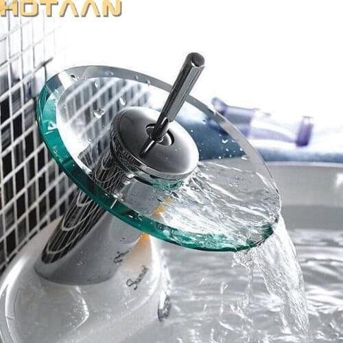 HOTAAN Excellent Quality Solid brass Bathroom Basin Mixer Tap Waterfall Faucet Sink Vessel Chrome Polished Finish Glass YT-5029