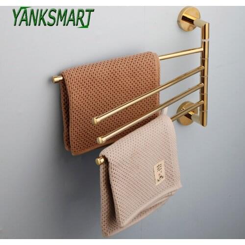 YANKSMART Gold Stainless Steel Rotating Towel Rack Bath Rail Hanger Towel Holder 4 Swivel Bars Bathroom Wall Mounted Towel Rack