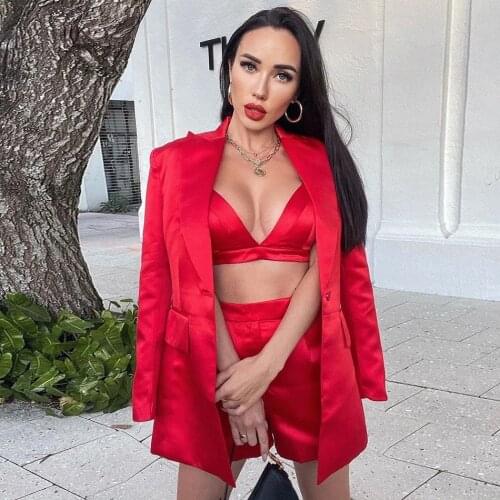 2021 autumn new red V-neck slim sexy suit jacket shorts suspender top 3-piece celebrity elegant temperament party dress female